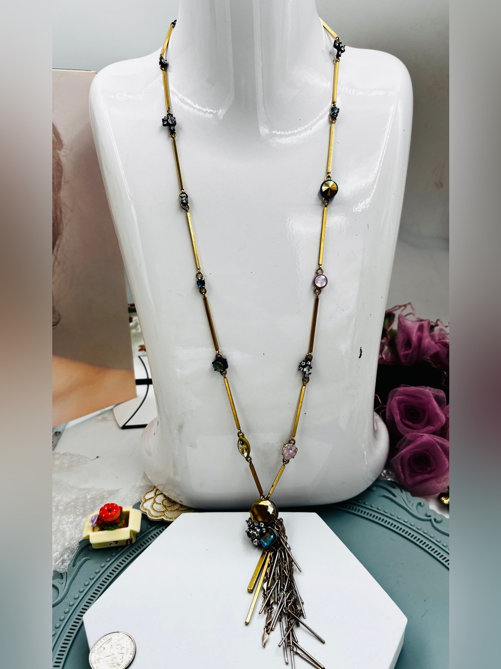 J.Crew vintage Gold tone Resin & crystal tassel necklace